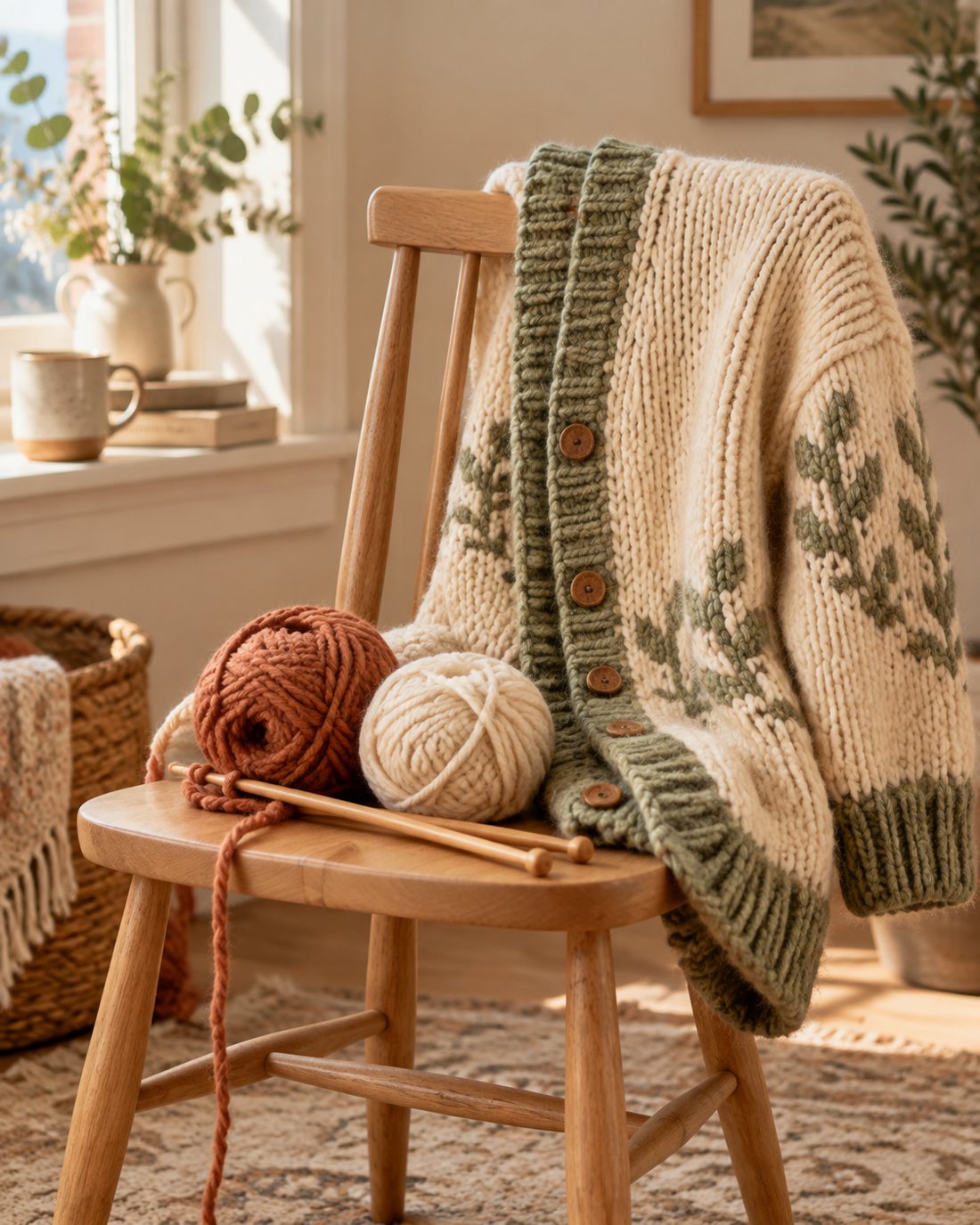 A handmade cream and sage cardigan draped over a wooden chair with balls of yarn